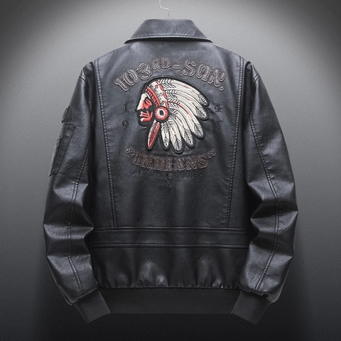 Herren Vintage Stickerei PU Lederjacke Schwarz Fighter Pilot Bomberjacke Casual Umlegekragen Patchwork Mantel