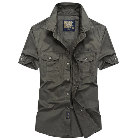 Herren Baumwolle Kurzarmhemd Casual Workwear Militär Stil Doppel Tasche Stickerei Atmungsaktiv Sommer Knopfleiste Top