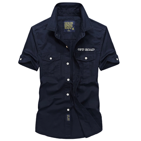 Herren Baumwolle Kurzarmhemd Casual Workwear Militär Stil Doppel Tasche Stickerei Atmungsaktiv Sommer Knopfleiste Top