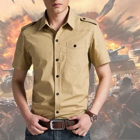 Herren Militär Stil 100% Baumwolle Kurzarm Hemd Taktische Arbeitskleidung Slim Fit Atmungsaktiv Button Down Top Mit Schulterklappen