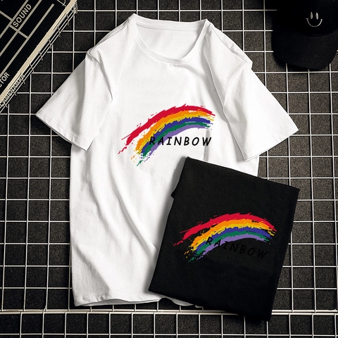 Camiseta de Algodón de Manga Corta Casual para Hombre con Estampado de Arcoíris Ajuste Holgado Cuello Redondo Verano Streetwear Camiseta Gráfica Negro Blanco