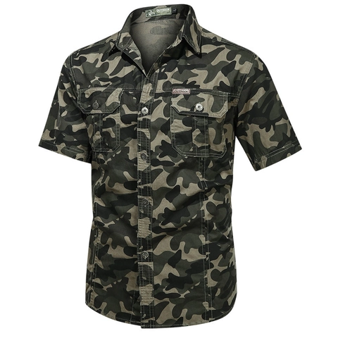Herren Casual Reine Baumwolle Camouflage Kurzarm Hemd Lockere Passform Button Down Outdoor Taktisches Arbeitshemd Mit Doppeltaschen