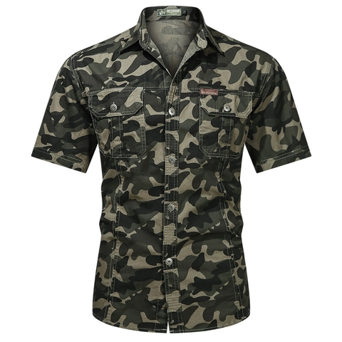 Herren Casual Reine Baumwolle Camouflage Kurzarm Hemd Lockere Passform Button Down Outdoor Taktisches Arbeitshemd Mit Doppeltaschen