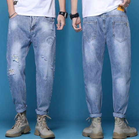 Pantaloni Jeans Strappati Distressed Blu Chiaro da Uomo in Denim Misto Cotone Streetwear Hip Hop Gamba Dritta Pantaloni Lunghi