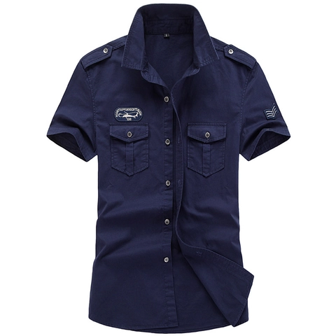 Camicia da Uomo a Maniche Corte Stile Militare 100% Cotone Casual Slim Fit Top da Lavoro Con Spalline E Tasche Sul Petto