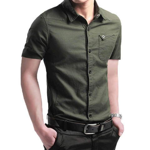 Heren Katoenen Overhemd Met Korte Mouwen Casual Slim Fit Effen Kleur Omslagkraag Werk Zakelijke Top Voor Mannen