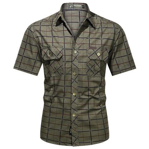 Herren Kariertes Kurzarmhemd Baumwolle Cargo Stil Top Zwei Taschen Casual Outdoor Button Down Karohemd Für Sommer Alltag