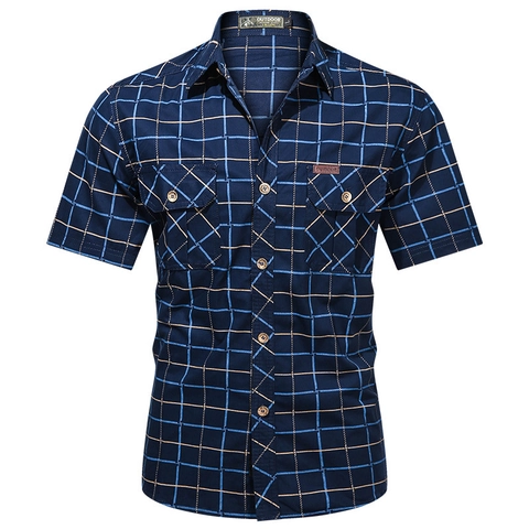 Herren Kariertes Kurzarmhemd Baumwolle Cargo Stil Top Zwei Taschen Casual Outdoor Button Down Karohemd Für Sommer Alltag