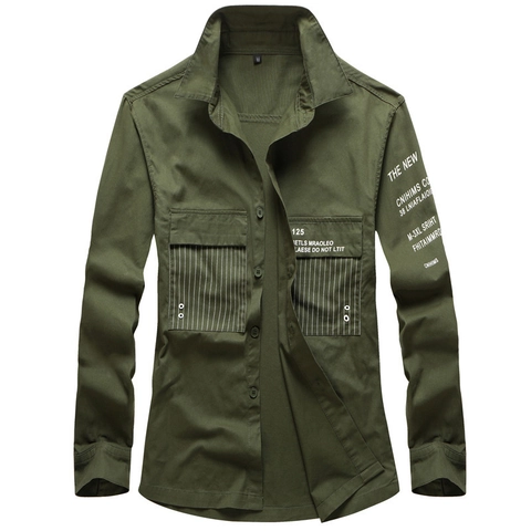 Herren Langarm Cargo Hemd 95% Baumwolle Militär Arbeitskleidung Einfarbig Doppeltaschen Buchstabendruck Lässig Gewaschen Top