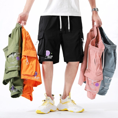 Pantalones Cortos Cargo de Verano para Hombre Poliéster Transpirables Corte Holgado Multibolsillo Estampado de Letras Cordón Streetwear Casual Shorts Hombre