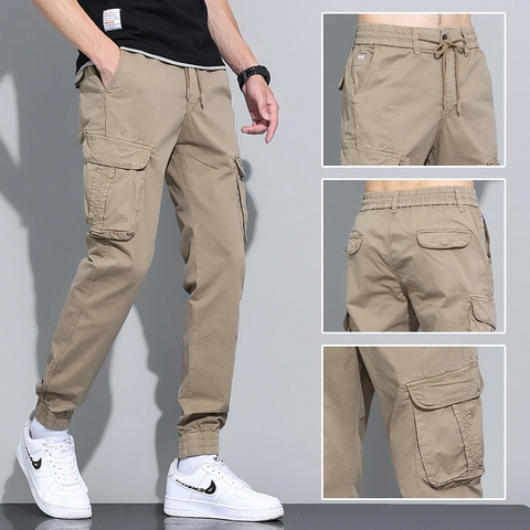 Men's Japanese Cargo Pants Cotton Blend Multi Pocket Joggers Drawstring Cuffed Casual Pants Versatile Solid Color Trousers