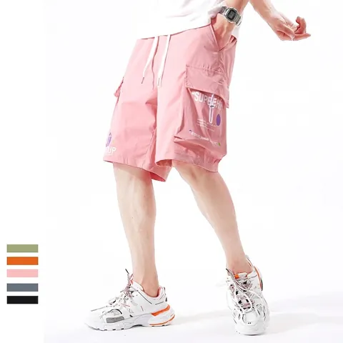 Pantalones Cortos Cargo de Verano para Hombre Poliéster Transpirables Corte Holgado Multibolsillo Estampado de Letras Cordón Streetwear Casual Shorts Hombre