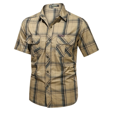 Camisa de Cuadros para Hombre de Algodón Manga Corta Casual Estilo Militar Tops con Doble Bolsillo para Exterior y Uso Diario