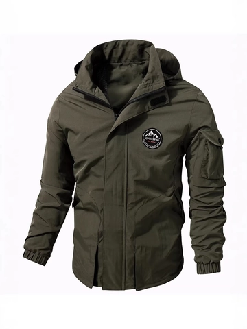 Men Outdoor Hooded Jacket Windproof Polyester Lightweight Coat Casual Cargo Tactical Outwear For Hiking Travel Fashion Style