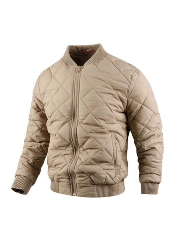 Men's Quilted Bomber Jacket Stand Collar Diamond Pattern Padded Coat Windproof Warm Casual Outerwear For Men