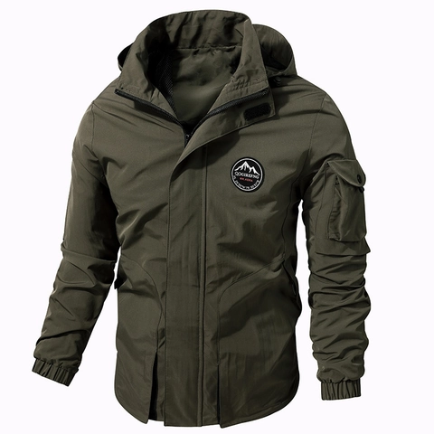 Men's Outdoor Hooded Cargo Jacket Windproof Casual Work Coat Polyester Solid Color Long Sleeve Multi-Pocket Outwear For Spring Autumn