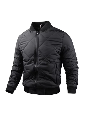 Men Quilted Bomber Jacket Standing Collar Winter Warm Windproof Padded Coat Solid Color Casual Fashion Outdoor Outerwear Top