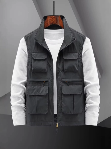 Men's Outdoor Cargo Vest Multi Pocket Stand Collar Lightweight Fishing Hiking Sleeveless Jacket Utility Waistcoat For Men Casual Workwear
