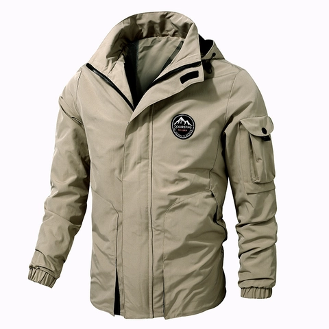 Men's Outdoor Hooded Cargo Jacket Windproof Casual Work Coat Polyester Solid Color Long Sleeve Multi-Pocket Outwear For Spring Autumn