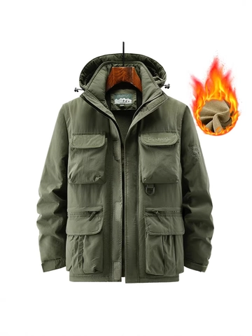 Herren Winterjacke mit Fleece-Futter Abnehmbare Kapuze Ärmel Taktisch Multi-Pocket Winddicht Warm Outdoor Wattierte Jacke Casual Mantel