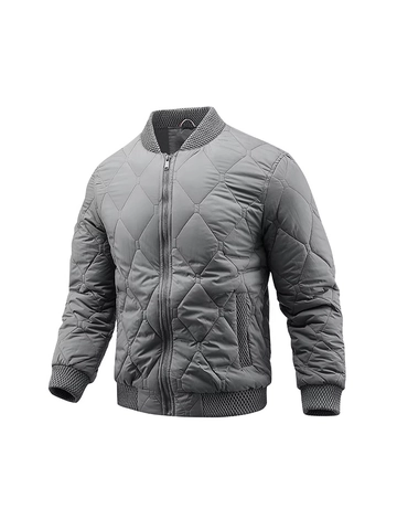 Men's Quilted Bomber Jacket Stand Collar Diamond Pattern Polyester Thermal Casual Loose Fit Zip Up Outerwear For Winter Autumn