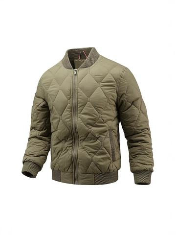 Men's Quilted Bomber Jacket Stand Collar Diamond Pattern Polyester Thermal Casual Loose Fit Zip Up Outerwear For Winter Autumn