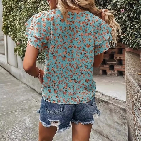 Women Boho Floral Print Top Round Neck Ruffle Short Sleeve Summer Casual Blouse Loose T-Shirt Holiday Fashion Clothing