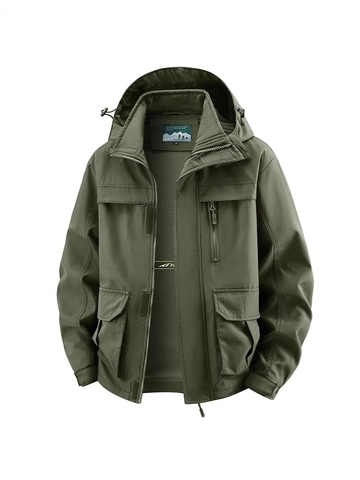 Men's Outdoor Cargo Hooded Jacket Polyester Windproof Multi-Pocket Casual Work Coat Lightweight Loose Fit Spring Outerwear