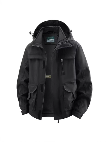 Men's Outdoor Cargo Hooded Jacket Polyester Windproof Multi-Pocket Casual Work Coat Lightweight Loose Fit Spring Outerwear