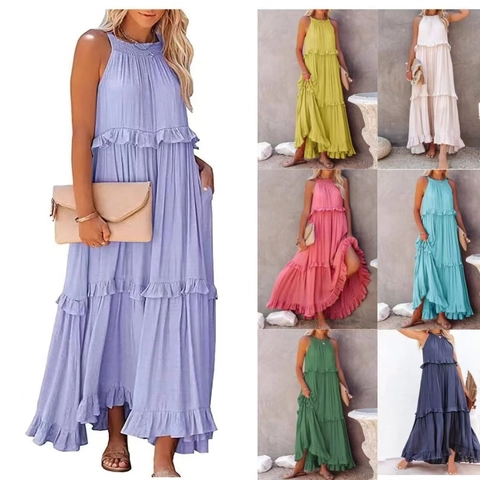 Women Summer Bohemian Halter Maxi Top Ruffle Tiered A-Line Beach Sun Top Solid Color Sleeveless Flowy Long Top