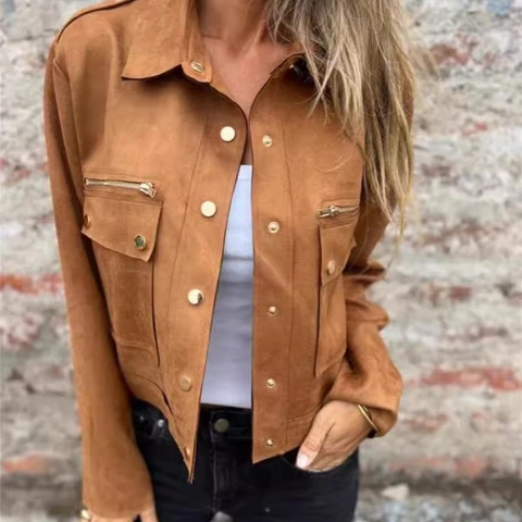 Women's Faux Suede Cargo Jacket Lapel Long Sleeve Single Breasted Stitched Outerwear With Metal Buttons And Zip Pockets Solid Color Basic Coat