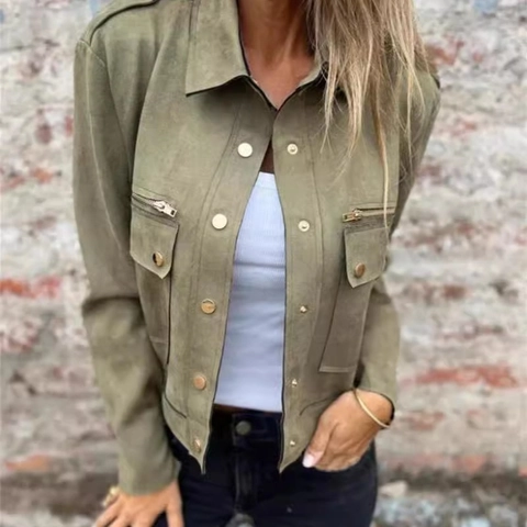 Women's Faux Suede Cargo Jacket Lapel Long Sleeve Single Breasted Stitched Outerwear With Metal Buttons And Zip Pockets Solid Color Basic Coat