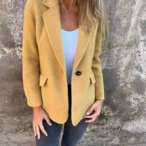 Dames Elegante Wollen Blazer Jas Single Breasted Eén Knop Reverskraag Effen Kleur Casual Herfst Winter Middellange Jas Outerwear