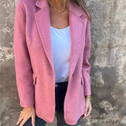 Dames Elegante Wollen Blazer Jas Single Breasted Eén Knop Reverskraag Effen Kleur Casual Herfst Winter Middellange Jas Outerwear