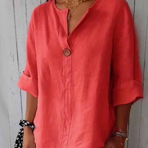 Blusa Casual de Lino de Algodón para Mujer Cuello en V Ajuste Holgado Manga 3/4 Elegante Camiseta Color Sólido Con Botón Verano