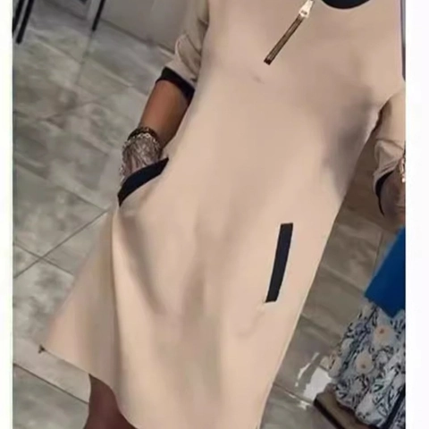 Damen Elegant V Ausschnitt Reißverschluss Mittellang Kleid Patchwork Dreiviertelarm Lässig Locker Tasche Einfarbig Damen Kleider