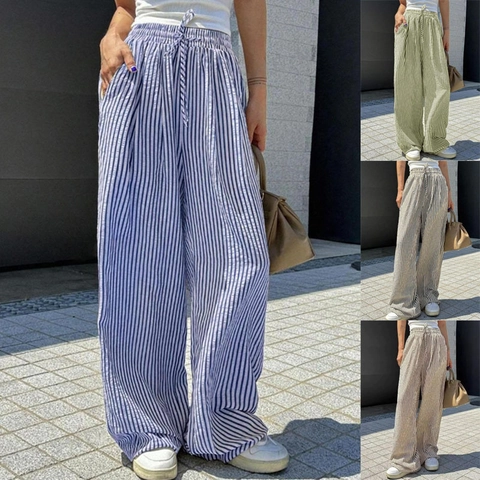Γυναικείο Παντελόνι Με Ρίγες Φαρδιά Γραμμή Casual Ψηλόμεσο Με Κορδόνι Ίσιο Παντελόνι Με Τσέπες Καλοκαιρινό Streetwear