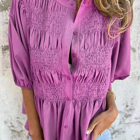 Women Elegant Smocked Blouse Short Puff Sleeve Button Down Round Neck Casual Solid Color Polyester Spandex Fashion Tops Daily