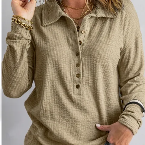 Maglia Polo da Donna in Maglia a Nido d'Ape a Maniche Lunghe con Colletto a Revers Henley Tinta Unita Basic Casual
