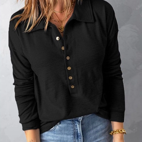 Maglia Polo da Donna in Maglia a Nido d'Ape a Maniche Lunghe con Colletto a Revers Henley Tinta Unita Basic Casual