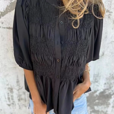 Women Elegant Smocked Blouse Short Puff Sleeve Button Down Round Neck Casual Solid Color Polyester Spandex Fashion Tops Daily