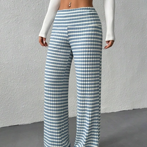 Women Striped High Waist Wide Leg Pants Y2K Casual Ribbed Knitted Trousers Slim Fit Flared Trousers Loose Long Pants Autumn