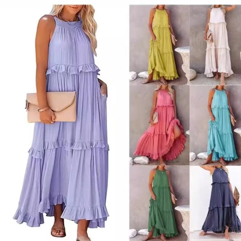 Women Halter Ruffle Tiered Maxi Dress Sleeveless Solid Color Textured Fabric Bohemian Vacation Style Long Sundress