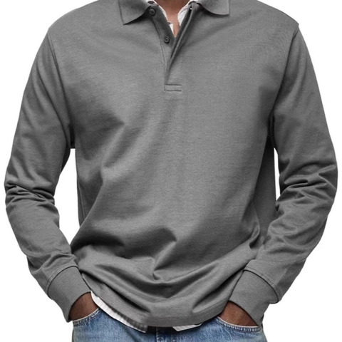 Men Casual Long Sleeve Polo Shirt Cotton Blend Button Neck Solid Color Basic Top For Spring Autumn Office Wear