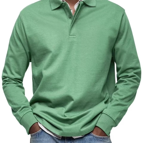 Men Casual Long Sleeve Polo Shirt Cotton Blend Button Neck Solid Color Basic Top For Spring Autumn Office Wear