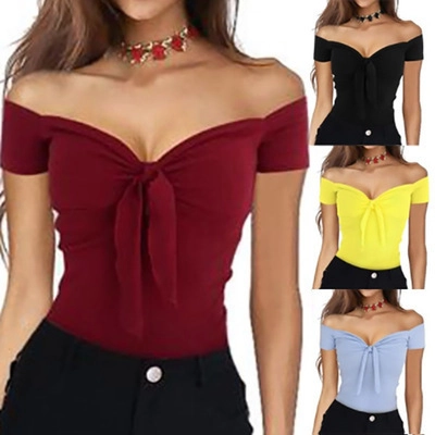 Camiseta Casual de Algodón y Poliéster con Hombros Descubiertos para Mujer Top Slim Fit Acanalado con Lazo para Playa Fiesta Diario