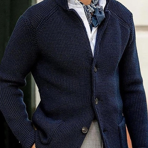 Men Waffle Knit Cardigan Jacket Stand Collar Button Down Sweater Casual Warm Long Sleeve Knitted Outerwear Fashion Autumn Coat