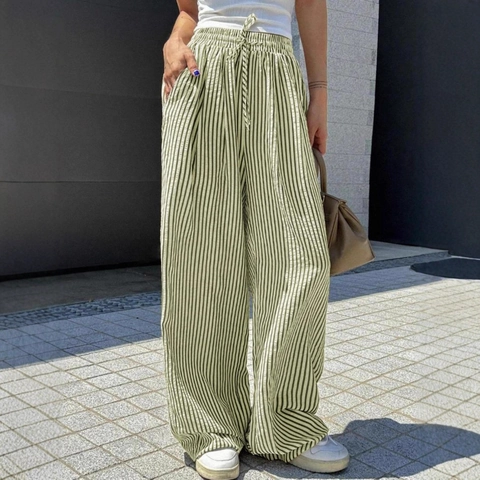 Γυναικείο Παντελόνι Με Ρίγες Φαρδιά Γραμμή Casual Ψηλόμεσο Με Κορδόνι Ίσιο Παντελόνι Με Τσέπες Καλοκαιρινό Streetwear
