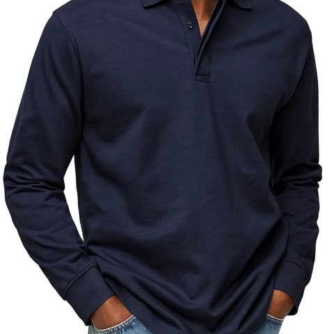 Men's Long Sleeve Polo Shirt Casual Solid Color Polyester Blend Lapel Button Pullover Top For Spring Autumn Basic Daily Wear