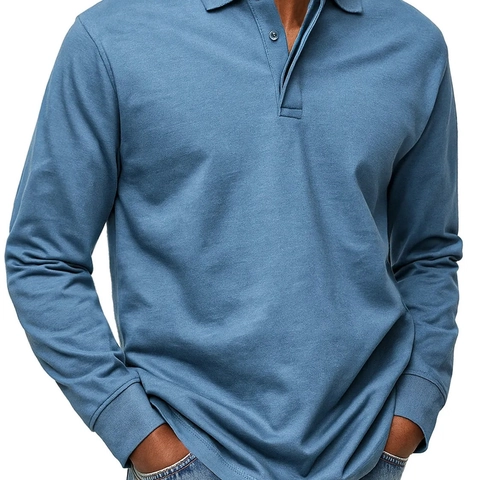 Men's Long Sleeve Polo Shirt Casual Solid Color Polyester Blend Lapel Button Pullover Top For Spring Autumn Basic Daily Wear